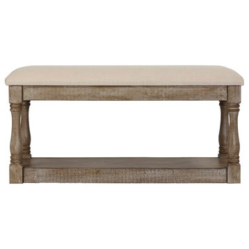 Cortesi Home Dahlia Wooden Bench Ottoman, Distressed Wood and Beige Fabric