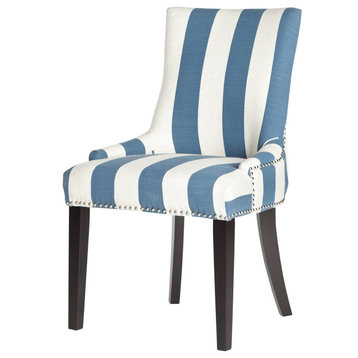 Transitional Dining Chair, Padded Seat With Low Arms & Nailhead Trim, Blue/White