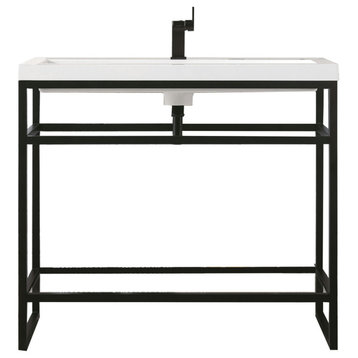 Boston 39.5" Stainless Steel Sink Console Black w/White Glossy Composite Top