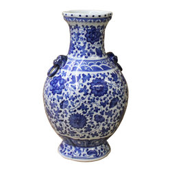 Chinese Blue & White Porcelain Oval Lotus Flower Vase - Vases