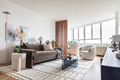 Small mid-century modern open concept vinyl floor living room photo in Toronto with white walls