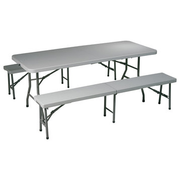 3 Piece Light Gray Folding Table and Bench Set