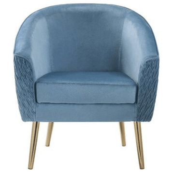 28" Blue Velvet And Gold Ikat Barrel Chair