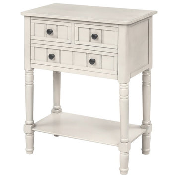 Traditional Console Table, Bottom Shelf & 3 Line Patterned Drawers, White