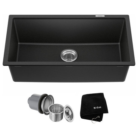 31" Undermount Granite Composite Single Bowl Kitchen Sink, Black