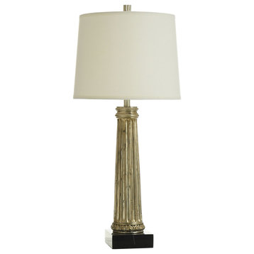 Dann Foley Table Lamp Grecian Column Design, Aged Silver White Shade