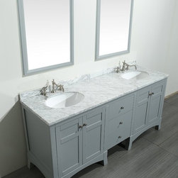 Transitional 72 inch Gray Bathroom Vanity, with White Marble Carrera Countertop - Bathroom Vanities And Sink Consoles