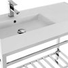Modern Ceramic Console Sink With Counter Space and Chrome Base, Three Hole