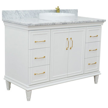 49" Single Sink Vanity, White Finish With White Carrara Marble and Round Sink