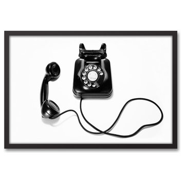 Black and White Vintage Telephone 20x30 Black Framed Canvas