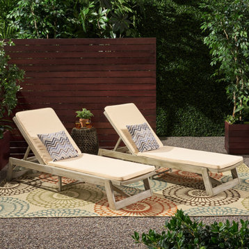 Tina Outdoor Acacia Wood Chaise Lounge and Cushion Sets, Set of 2, Cream