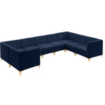 Meridian Furniture - Alina Velvet Modular U-Shaped Sectional, Navy, 8 Piece: 4 Armless Chair, 4 Corner Chair - Bring modern beauty to your space with the addition of this Alina Velvet Modular sectional. This beautiful sectional features deep channel tufting to ramp up its visual interest and add to its resilient demeanor. Its soft navy velvet upholstery blends nicely with existing elements in your room and is sleek to the touch, making this seat a super comfortable one. Part of the modular Alina collection, this sectional has a latch that attaches it to other pieces to create your custom seating arrangement.