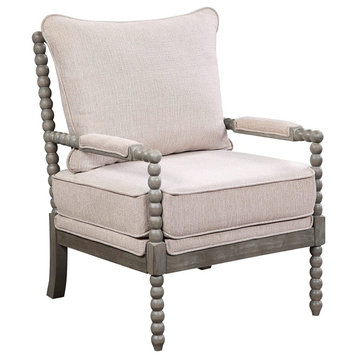 Farmhouse Accent Chair, Turned Spindle Detailing With Padded Armrests, Linen