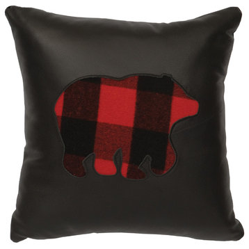 Leather Pillow 18X18- Plaid Bear w/Leather Back