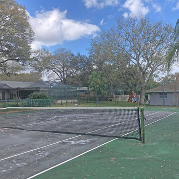 Transformed tennis court, fomerly unused front yard, now a gathering space.