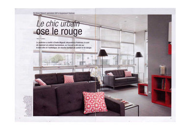Cette image montre une salle de séjour design avec une bibliothèque ou un coin lecture, un mur gris, un sol en vinyl et un sol gris.