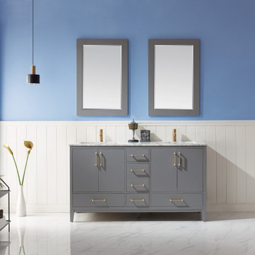 Sutton 60" Double Bathroom Vanity Set in Gray and Carrara White Marble Counterto