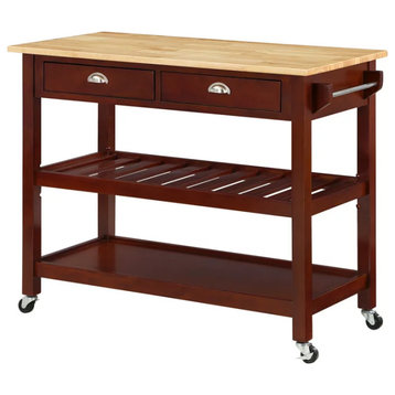Classic Kitchen Cart, Butcher Block Top & Drawers With Curved Pulls, Mahogany