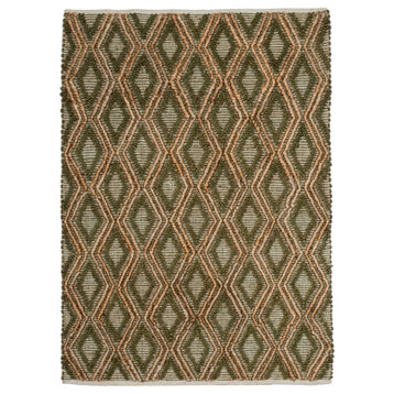 Hand Woven Ivory & Brown High/Low Diamond Geometric Jute Rug by Tufty Home, Natural/Green, 2.5x9