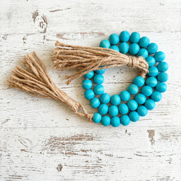 Aquamarine Wood Bead Strand Jute Tassels Handmade Garland