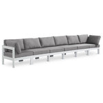 Meridian Furniture - Nizuc Water Resistant Patio Modular Straight Sofa, Gray, 6-Piece: 4 Armless Chair, 2 Corner Chair, White Aluminum Frame - Pick and choose your favorites from the Nizuc collection to create a modular seating group the whole gang will enjoy. The sturdy aluminum frame provides dependable support for friends and family as they relax and unwind, and the resilient grey water resistant fabric stands up to the elements without losing its beautiful demeanor, so you can count on it lasting for the long haul. Latches beneath these seating pieces help you easily attach them to one another for convenient setup.