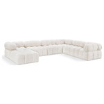 Meridian Furniture - Ames Boucle Fabric U-Shaped Modular Sectional, Cream, 7-Piece: 3 Armless Chair, 3 Corner Chair, 1 Ottoman - Introduce a touch of modern sophistication to your living area with the exquisite Ames Boucle Fabric Sectional. With plush cream boucle fabric and unique design, it will elevate the visual appeal of your living space. This elegant and captivating sectional can be mixed and matched with other pieces from the collection to create an endless array of stunning looks. So, get ready to transform your living area into an inviting and stylish haven with the Ames Boucle Fabric Sectional.
