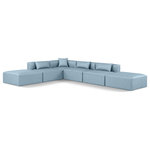 Meridian Furniture - Cube Upholstered Modular Sectional, Light Blue, 6-Piece: 3 Armless Chair, 1 Corner Chair, 2 Ottoman, Vegan Leather - Elevate your space with the luxurious Cube Vegan Leather Modular Sectional. This modular sectional exudes modern elegance, charm, and comfort making it a perfect addition to any contemporary living space. Its clean lines and cube shape are reminiscent of minimalist design, while the plush light blue vegan leather upholstery adds a touch of luxury and sophistication. The chair's versatile construction and geometric aesthetic seamlessly integrate into various design styles, from sleek living rooms to chic home offices, embodying the essence of modern design and creating a sense of order and tranquility in your space.