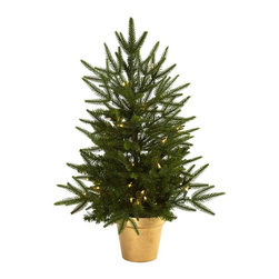 Artificial Christmas Tree with Golden Planter and Clear Lights - Artificial Plants And Trees