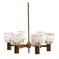 Swedish Brass and Glass Shade Six-Light Chandelier - Chandeliers