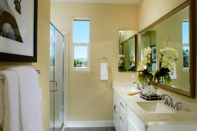 Alcove shower - mid-sized transitional master alcove shower idea in San Francisco with shaker cabinets, white cabinets and an undermount sink