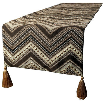 Decorative Table Runner Brown Jacquard Silk, Beaded & Tassels - Timberland