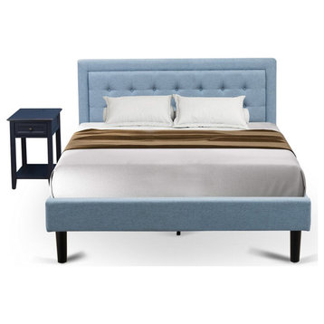2Pc Fannin Queen Bedroom Set, 1 Wood Bed Frame, End Table Denim Blue