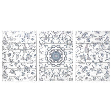 Gallery 57 Chinoiserie Pattern Triptych Print on Planked Wood, 48x24