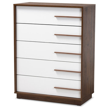 Kaila Mid-Century Modern Two-Tone White and Walnut 5-Drawer Wood Chest