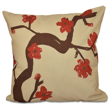 Polyester Pillow, Floral, Beige, Red, 16"x16"
