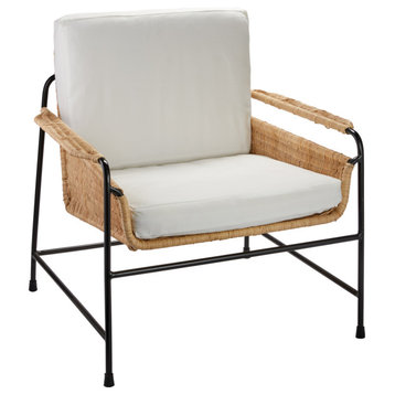 Palermo Lounge Chair, Natural Rattan and Black Steel With Off White Cushions