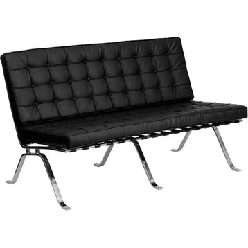 Attractive Black Leather Loveseat with Curved Legs