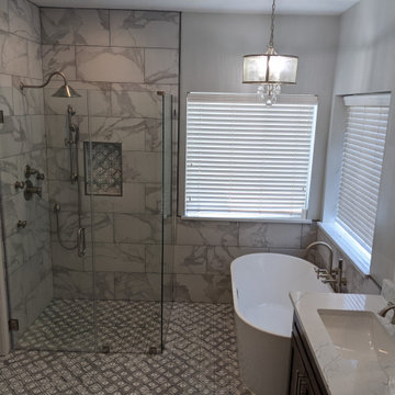 Marble and espresso bathroom