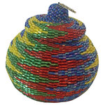 Bindah - Manggis Handwoven Art Glass Basket, Colorful Zigzag - Hand-sewn crystal-cut glass beads adorn this small hand-woven rattan manggis basket. The crystal-cut silver glass beads catch the light in any spot throughout your house.