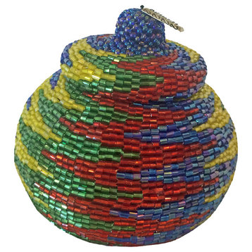 Manggis Handwoven Art Glass Basket, Colorful Zigzag