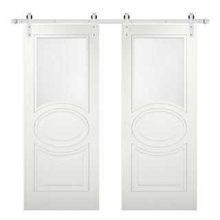 Sliding Closet Bypass Doors 72 x 80 with Hardware | Quadro 4113 White Silk  with Frosted Opaque Glass | Sturdy Top Mount Rails Moldings Trims Set 