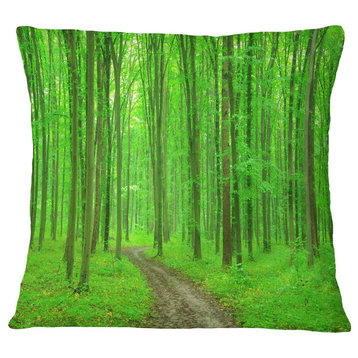 Pathway in Bright Green Forest Modern Forest Throw Pillow, 18"x18"