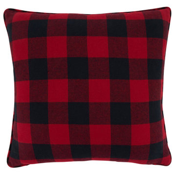 Buffalo Plaid Pillow Cover With Merry and Bright Design, 16"x16", Red