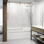VIGO - VIGO Hamilton Frameless Sliding Tub Door With Clear Glass, Matte Brushed Gold, 60" X 68" - Upgrade your bathroom with the Hamilton tub door for a serene and tranquil experience. Enjoy a noise-free shower with its smooth, gliding door supported by durable tempered glass and rust-resistant hardware. The LockTrack technology prevents swaying, ensuring stability. Customize the door to open left or right. With barn door-inspired rollers and an elegant diamond pattern, the Hamilton adds a stylish touch to your space. Elevate your home with the Hamilton shower door