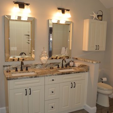 Bath Remodel with Bisque Cabinetry and Fantasy Brown Granite Tops