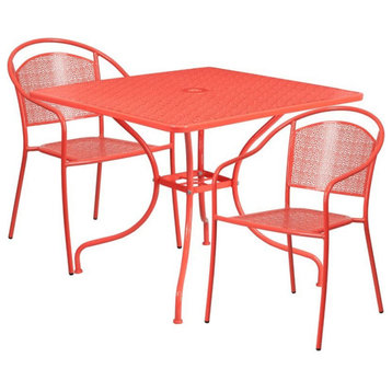 Flash Furniture 3 Piece 36" Square Steel Flower Print Patio Dining Set in Red