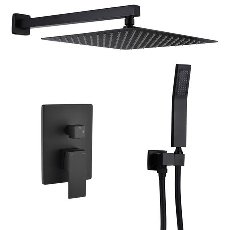 Wellfor Shower Faucet with Rain Shower Head, Handheld Shower and Valve, Black, 12" Shower Head