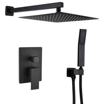 Wellfor Shower System with Rain Shower Head, Handheld Shower and Valve, Black, 12" Shower Head