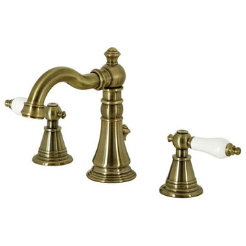 English Classic Widespread Bathroom Faucet, 2 White Levers, Antique Brass