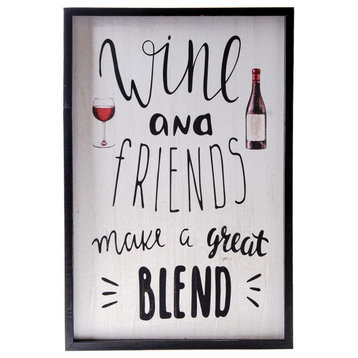 Rectangle Wood Wall Art with "Wine and Friends" Painted White Finish